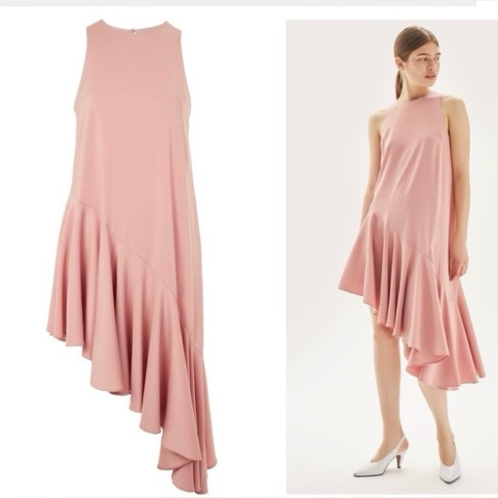 Topshop Blush Pink Asymmetrical Ruffle Midi Dress Size 4 EUC